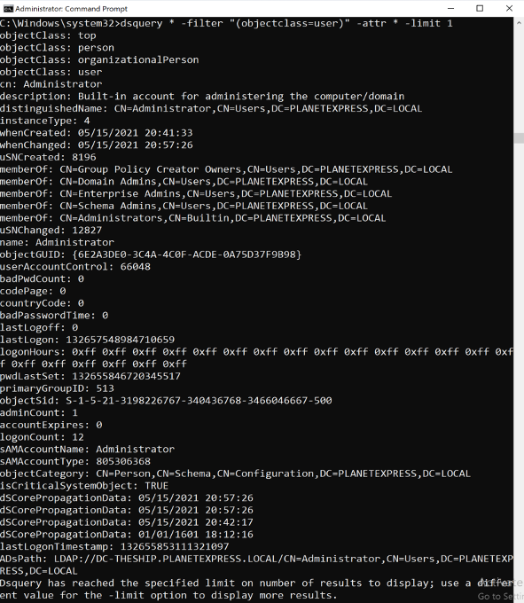 dsquery wildcard search with -attr * limited to one user