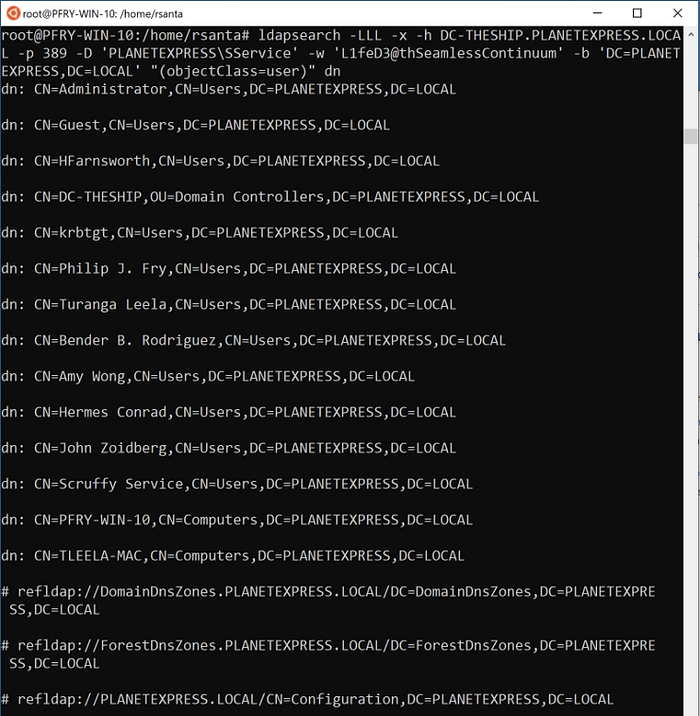 ldapsearch listing user distinguished names against PLANETEXPRESS