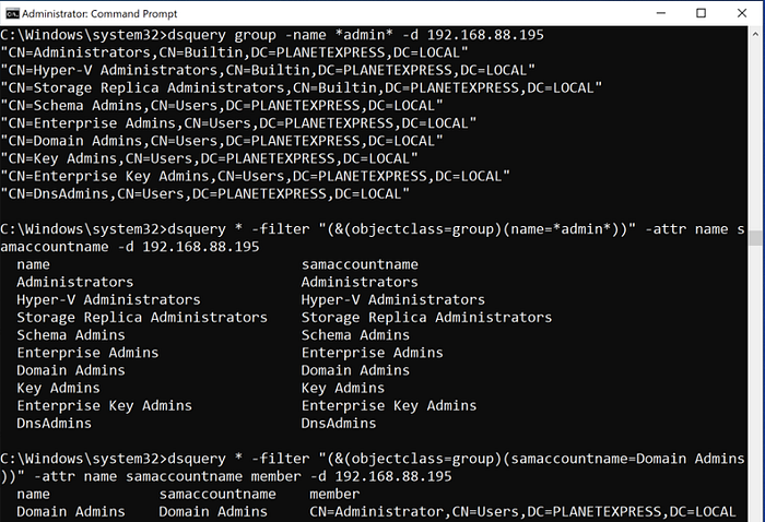 Three dsquery commands enumerating admin groups and Domain Admins members