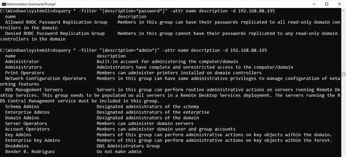 dsquery description searches for password and admin