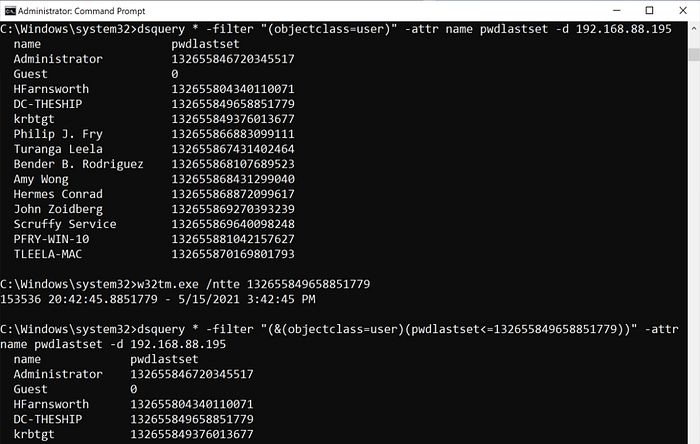 dsquery pwdLastSet comparison with w32tm converting FILETIME