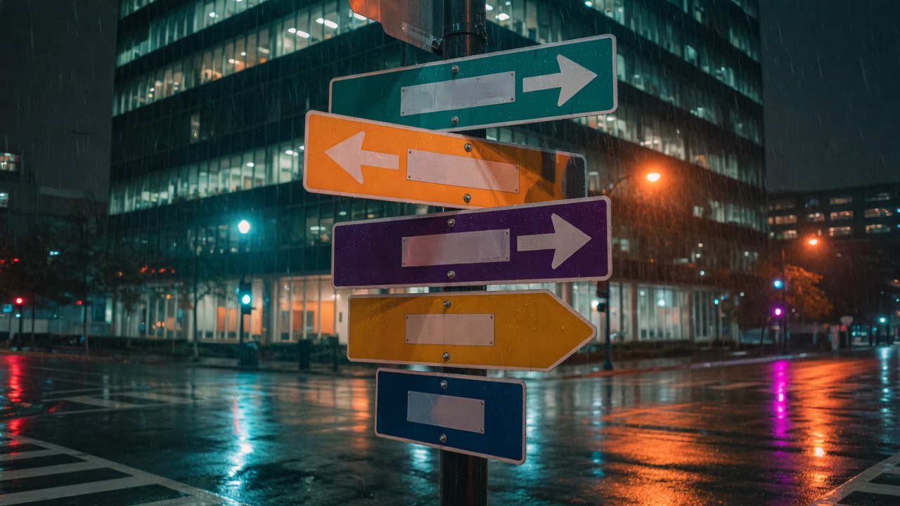 Stacked street signs in rain pointing toward an office tower