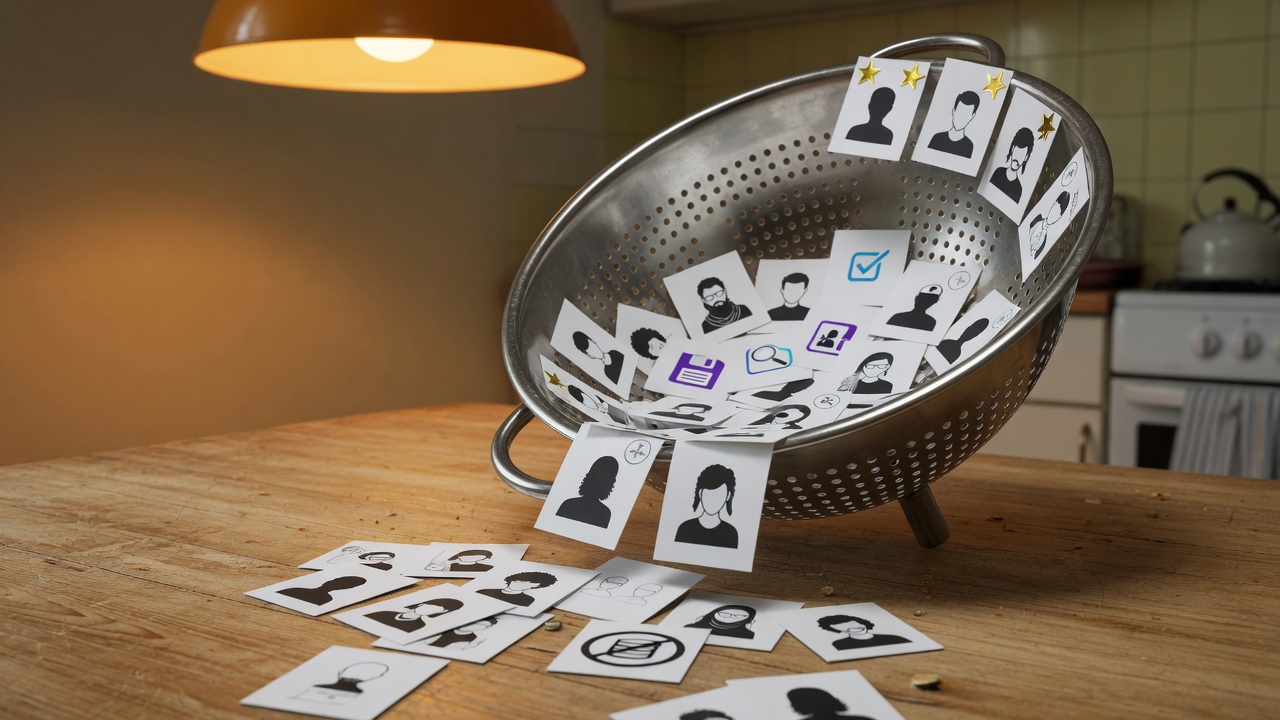 A kitchen sieve catching paper index cards
