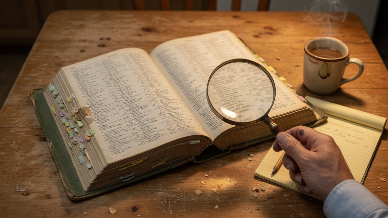 A hand with a magnifying glass over a large office telephone directory