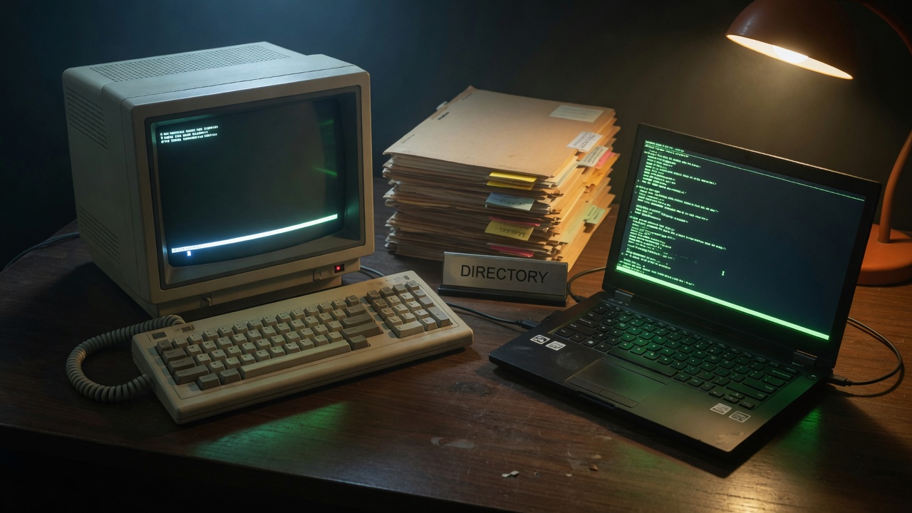 A vintage CRT terminal beside a modern laptop on a dark desk