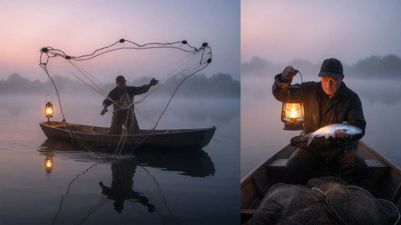 A fisherman casting a wide net at dawn