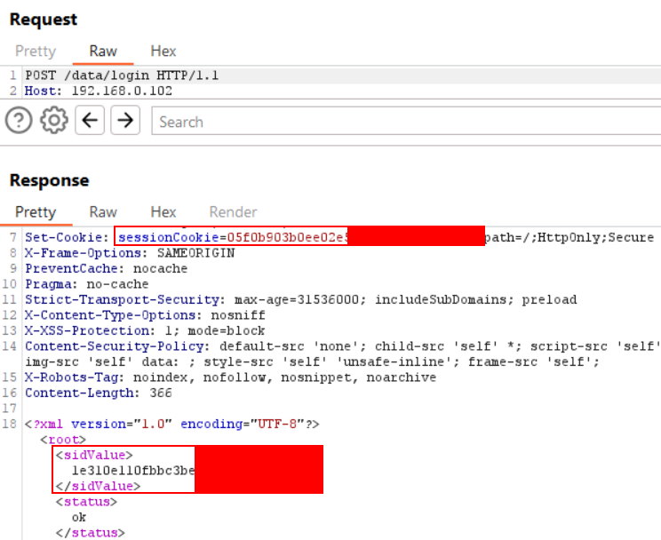 Login response showing sessionCookie and sidValue