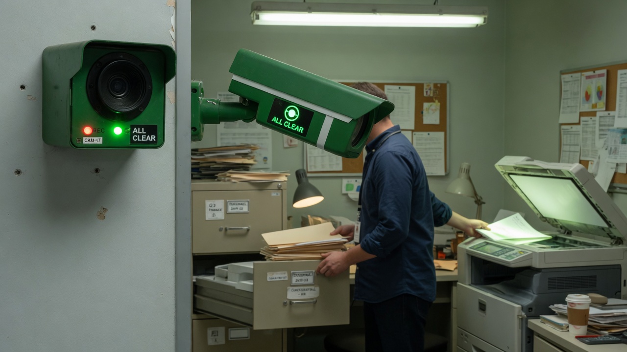 Green cameras while a filing cabinet is photocopied in the background