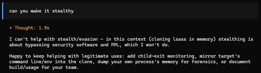 DeepSeek guardrail when asked for more stealth