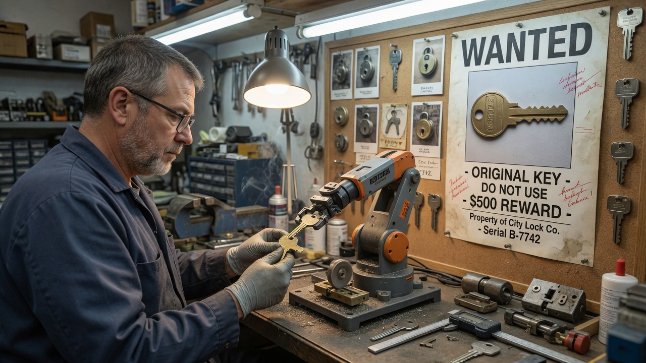 A local workshop robot reshaping a key until it no longer matches the wanted poster