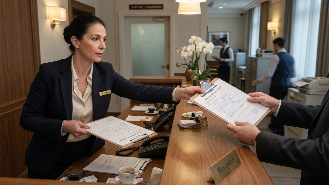 Receptionist intercepting a clipboard form