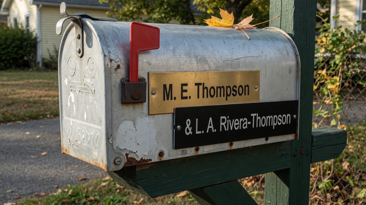 One mailbox with two overlapping nameplates