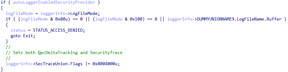 EtwpEnableAutoLoggerProvider sets SecurityTrace