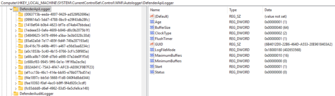 DefenderApiLogger AutoLogger values