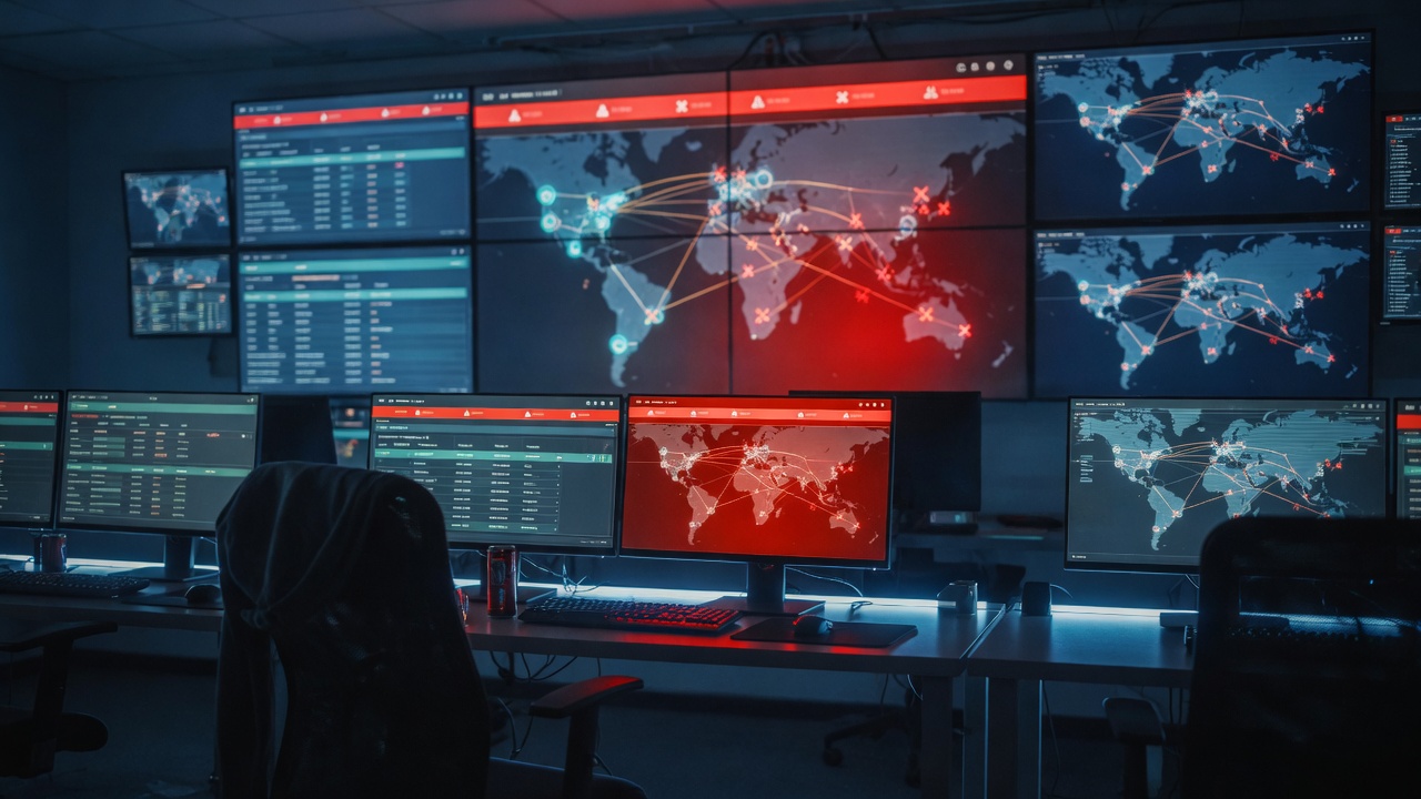Empty chairs in a network operations center while firewall dashboards flash red