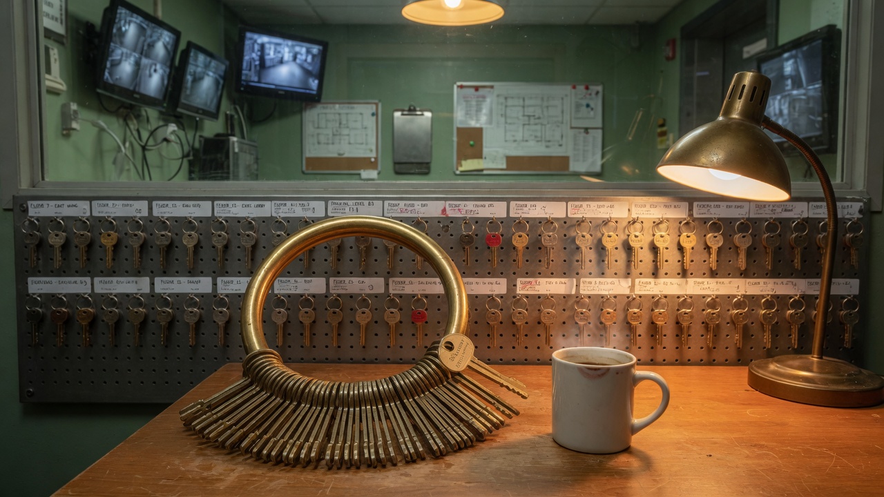 A master key ring on a table in a building control room