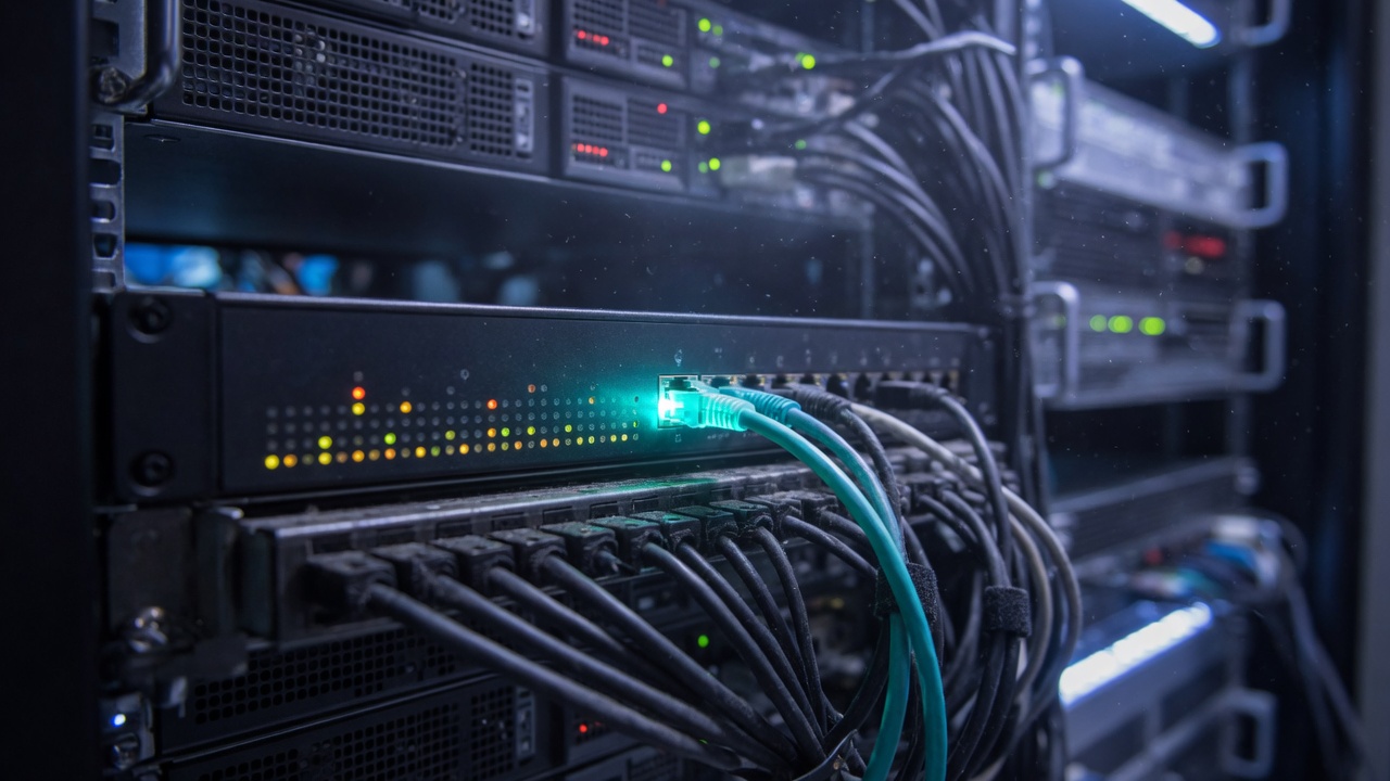 A faintly glowing management Ethernet cable on a rack appliance