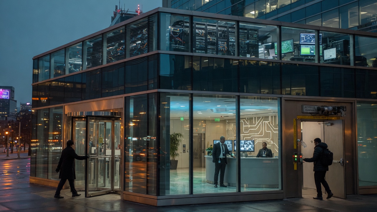 Three figures approaching the same office tower through three different doors