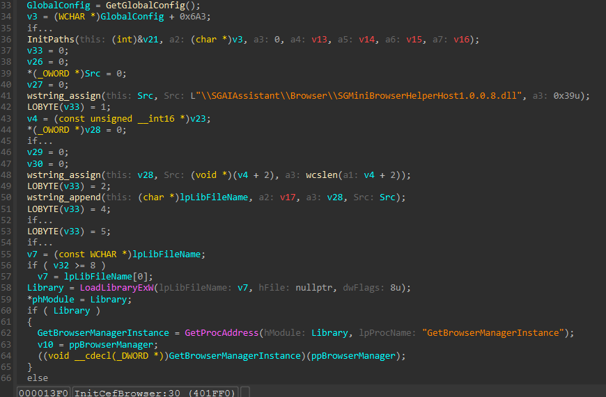 IDA snippet of load and call into SGMiniBrowserHelperHost DLL