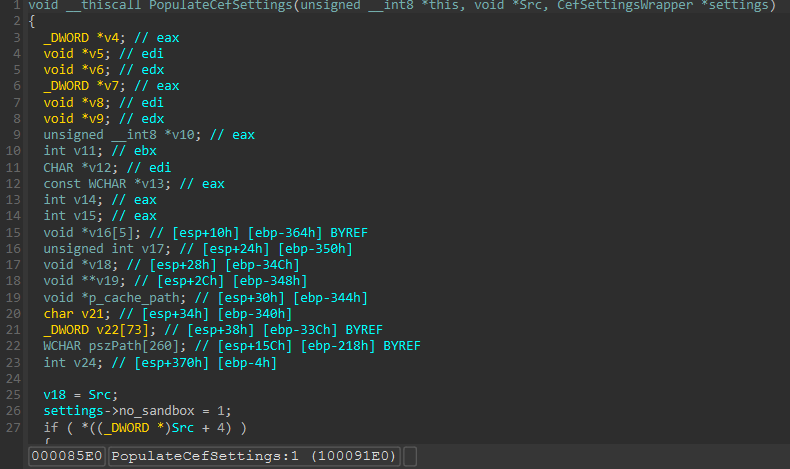 IDA snippet displaying disabling of CEF sandbox