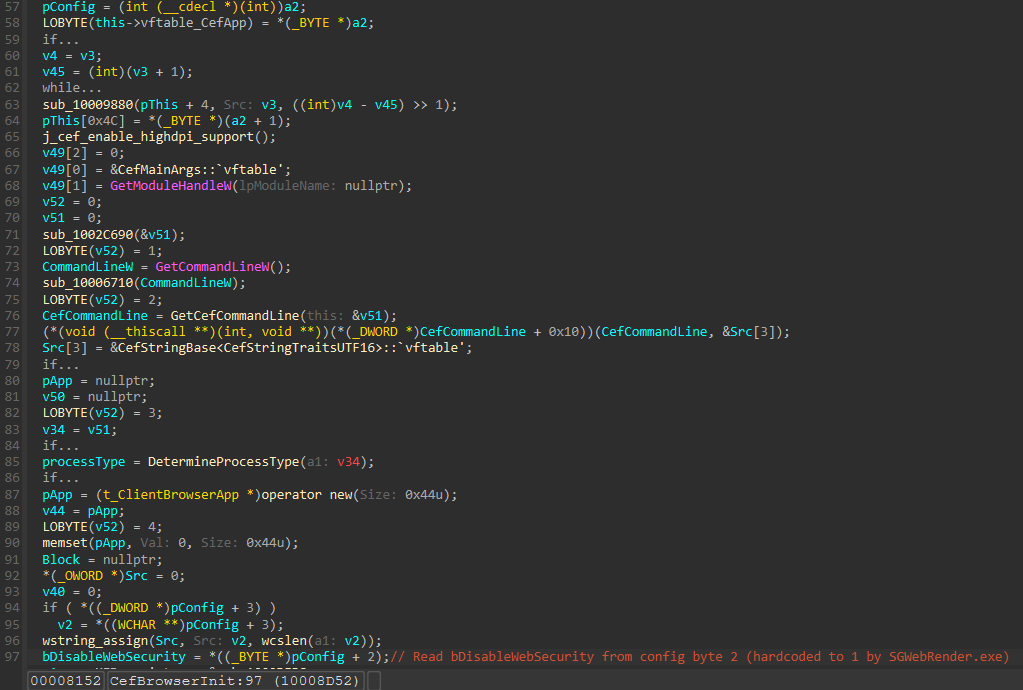 IDA snippet of bDisableWebSecurity extraction in the helper host