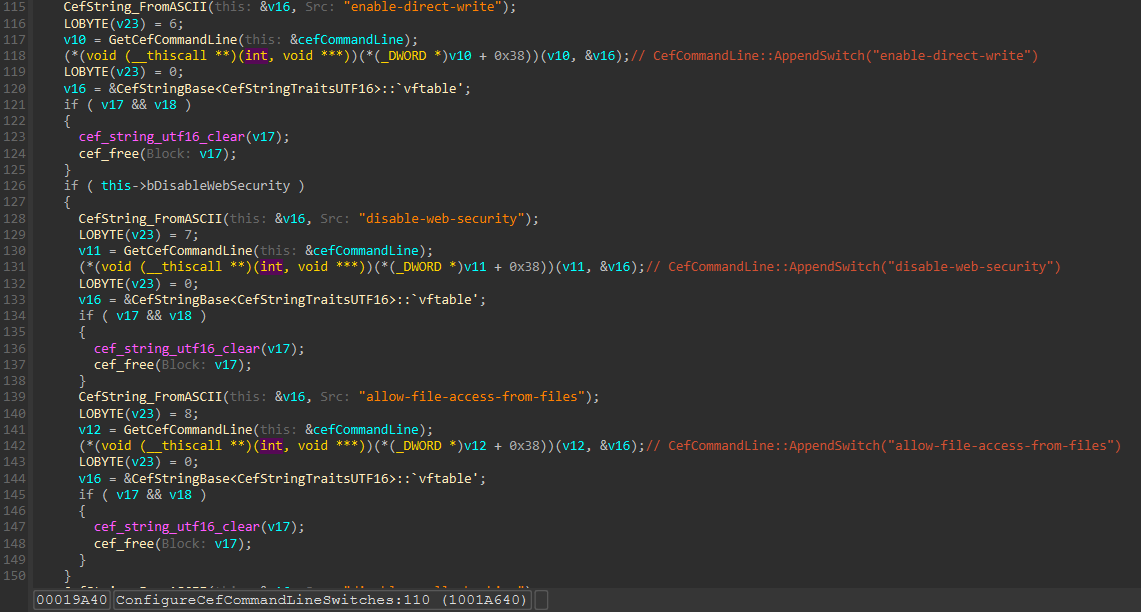 IDA snippet of the conditional that disables web security and allows file access