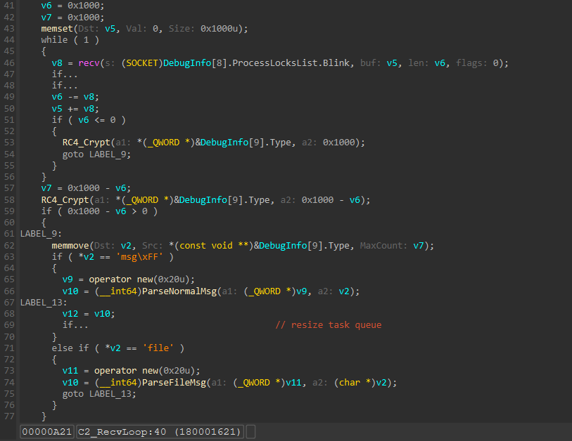 IDA snippet of the C2 recv loop