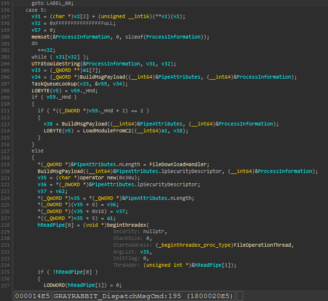 IDA snippet of command ID 5 plugin loader logic