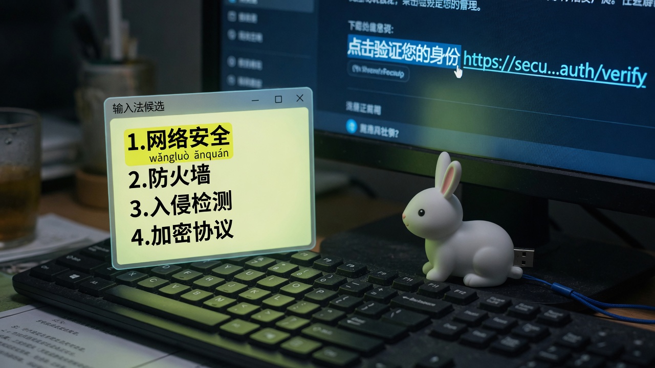 A keyboard with an IME window glowing and a rabbit-shaped USB stick