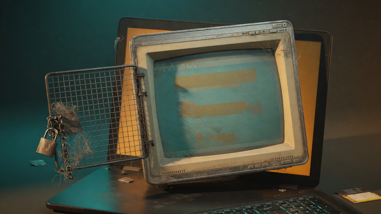 An old browser frame inside a modern laptop with the sandbox cage open