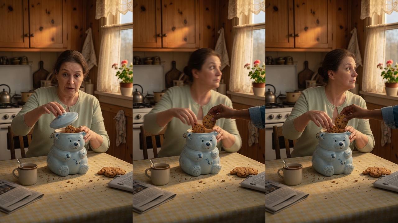 A person checks an empty cookie jar while another hand drops something in