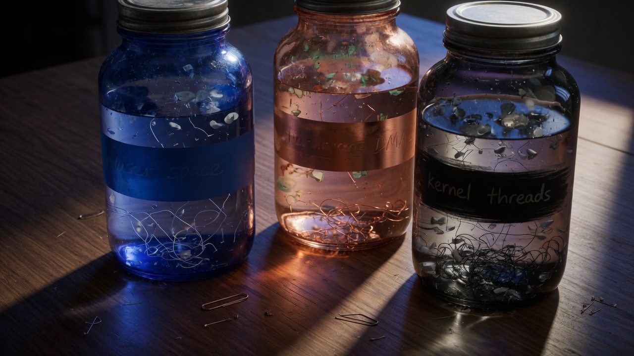 Three jars representing user space, DMA hardware, and kernel threads
