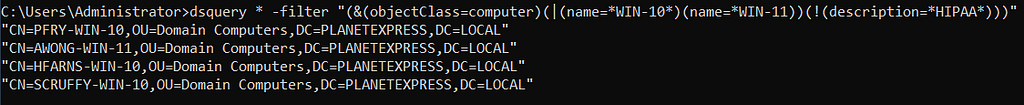 dsquery combination filter excluding HIPAA computers