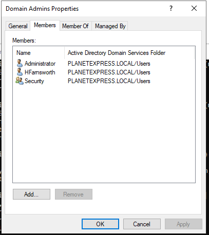 ADUC view of Domain Admins with a nested Security group