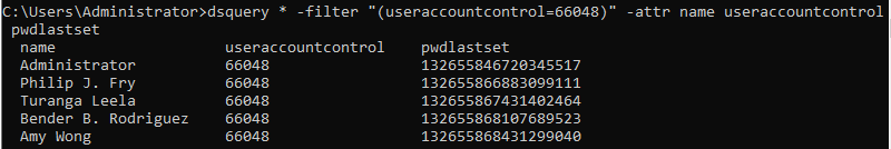 dsquery userAccountControl 66048 with pwdLastSet