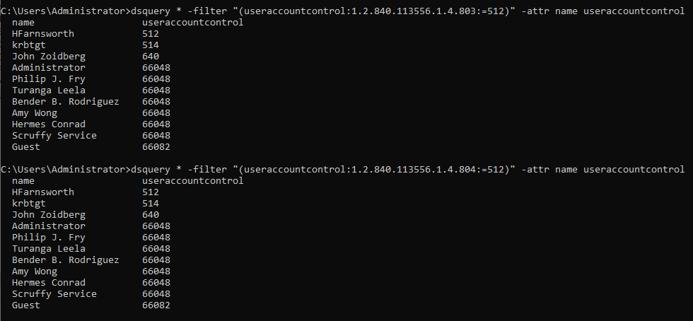 dsquery bitwise AND and OR filters on UAC 512