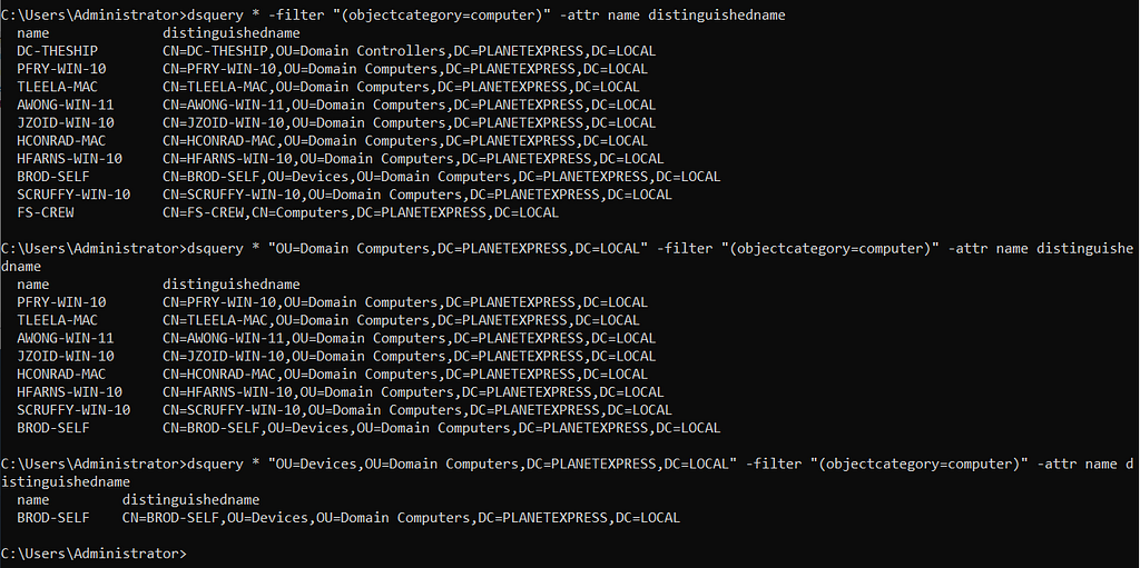 Three dsquery commands with different search bases for computers