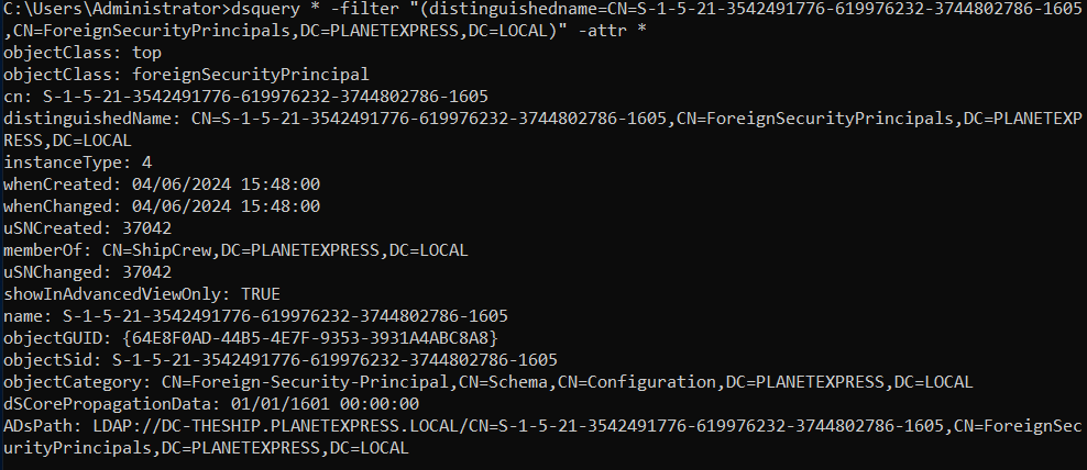 dsquery attr * on a foreignSecurityPrincipal DN