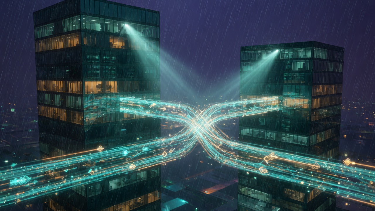 Two office towers connected by a glowing bidirectional bridge