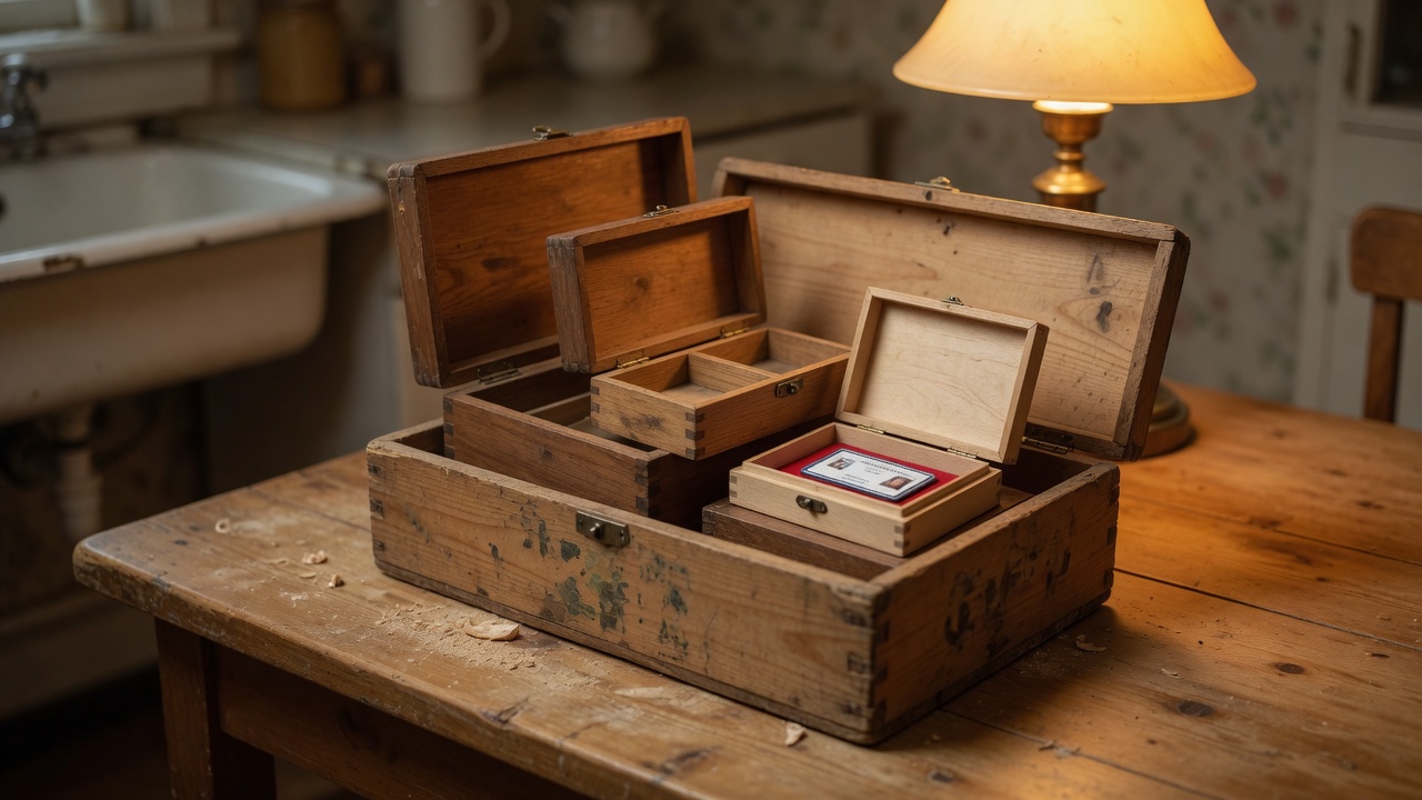 Wooden boxes nested inside boxes with a name badge in the innermost