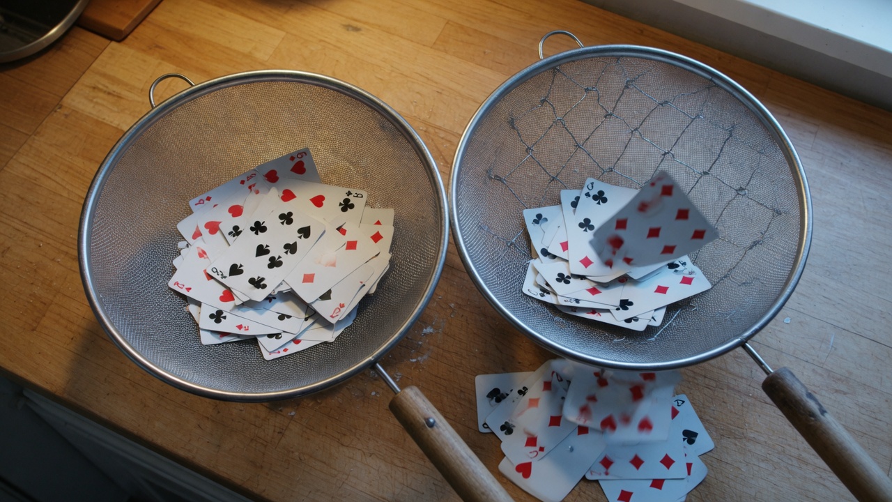 Two kitchen sieves that catch different cards