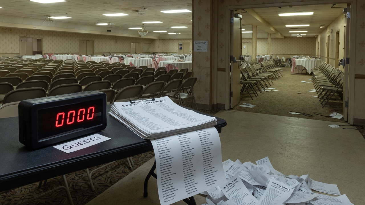 A 16-bit guest counter at zero next to an overflowing banquet hall