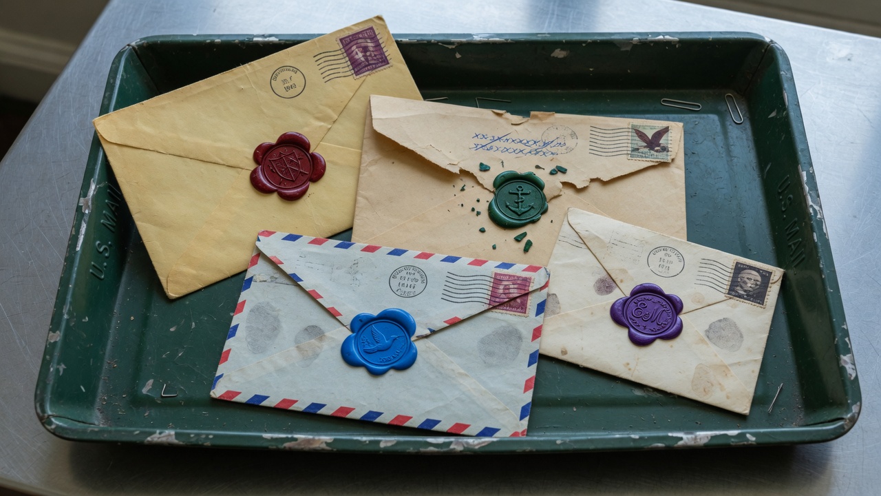 Four sealed envelopes of different ages