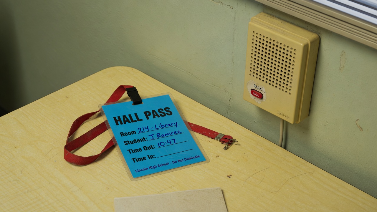 A hall pass on a lanyard next to a wall intercom
