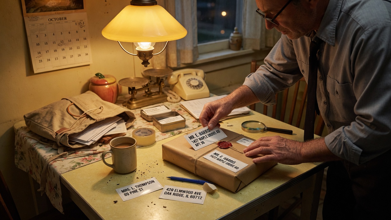 A mailman rearranging address stickers before checking the seal
