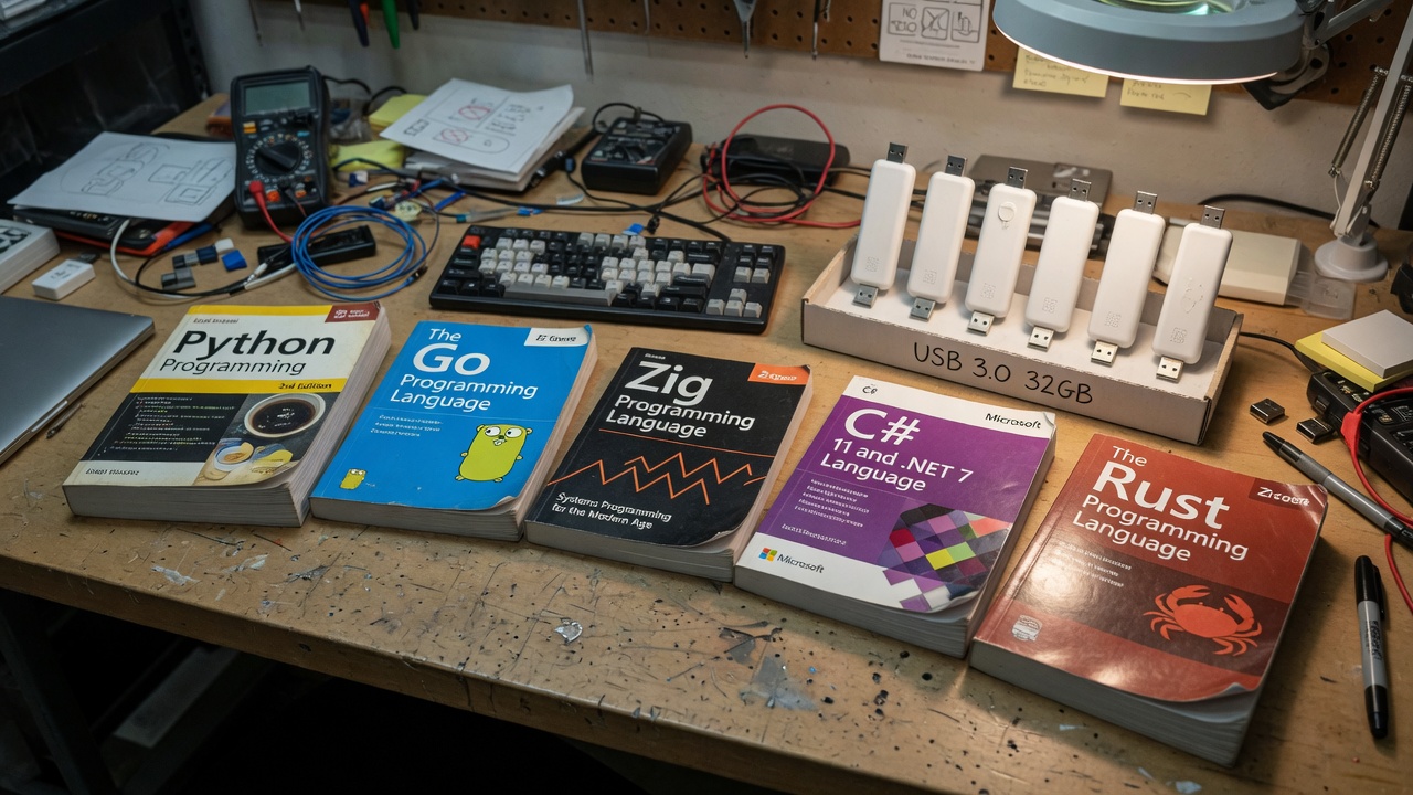 Five language textbooks next to blank USB sticks