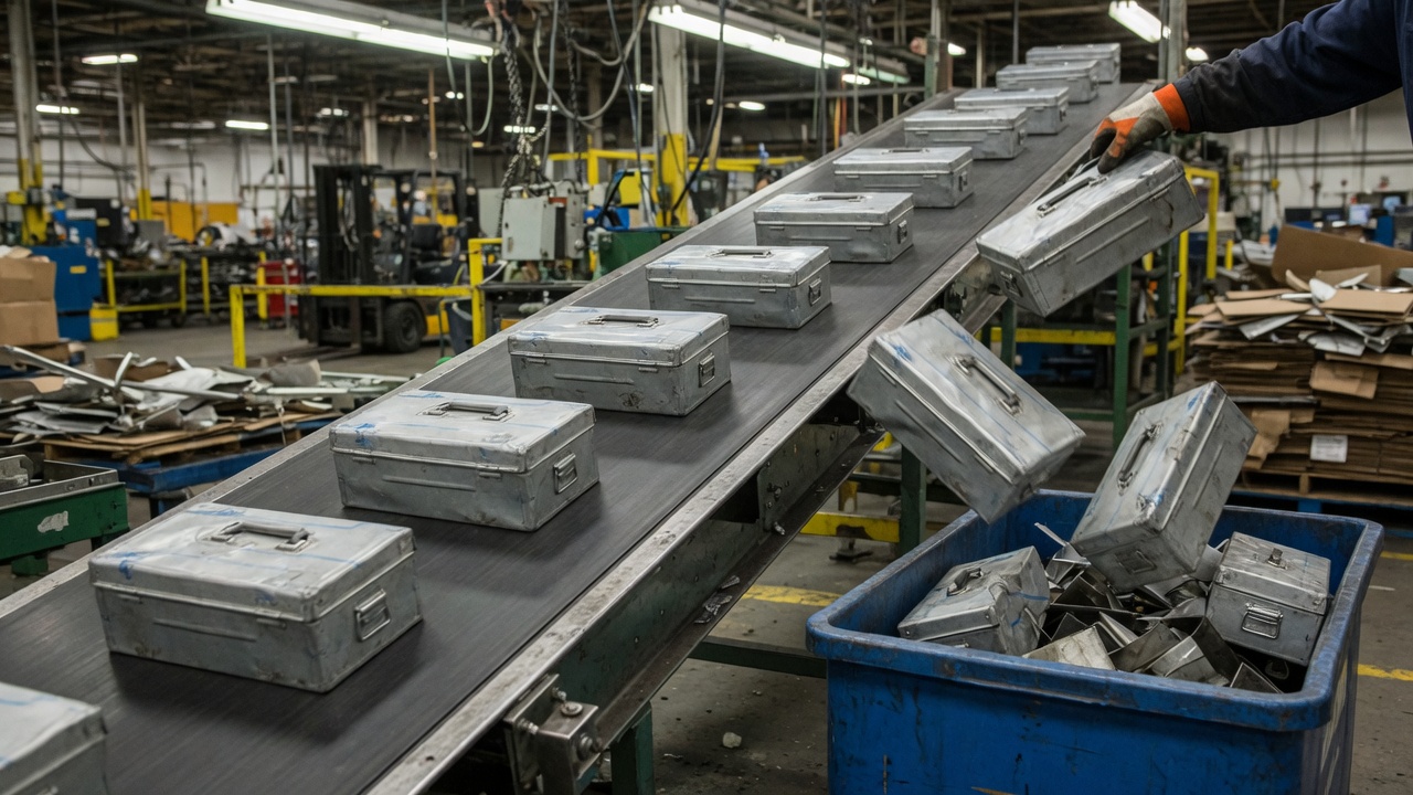 An assembly line of unlabeled metal toolboxes