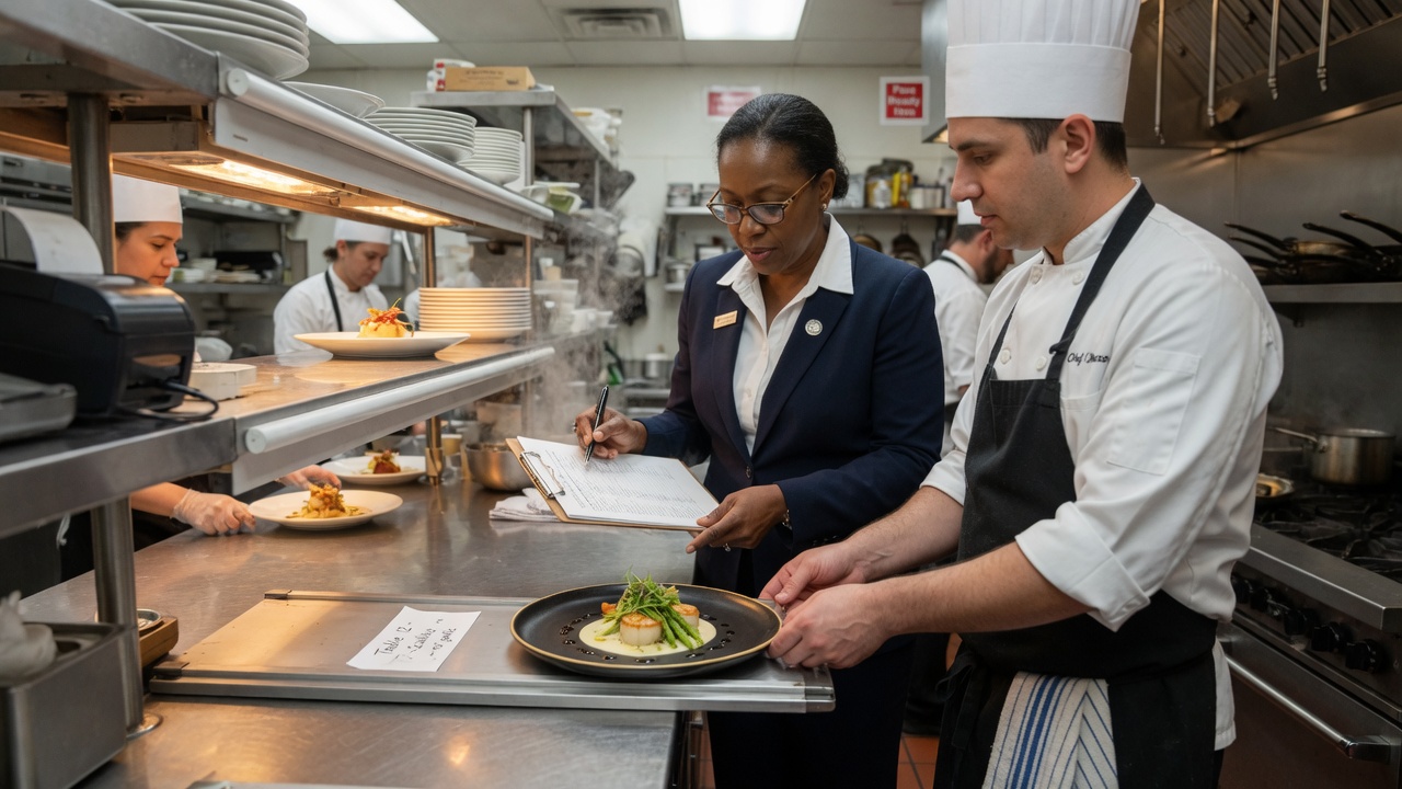 A quality-assurance inspector checking a dish beside a chef
